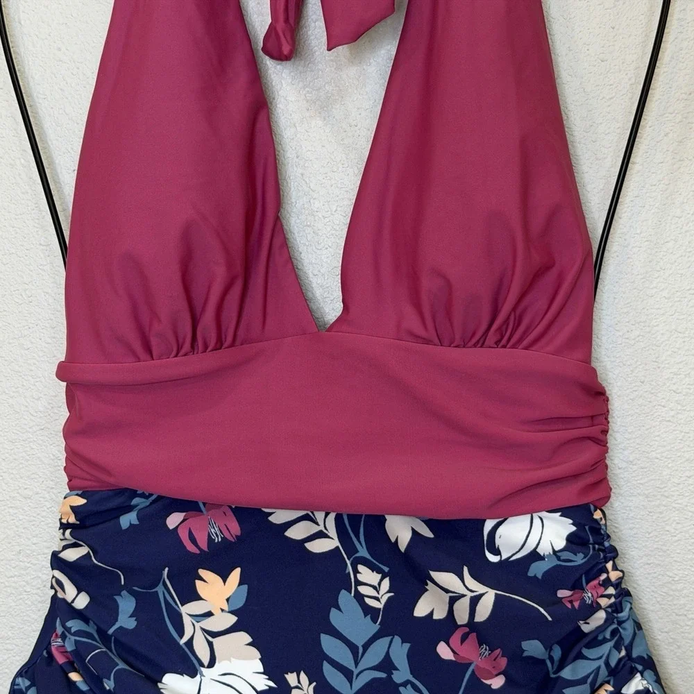 Cupshe One Piece Swimsuit Womens Size Small Maroon Floral Ruched‎ Sides NEW